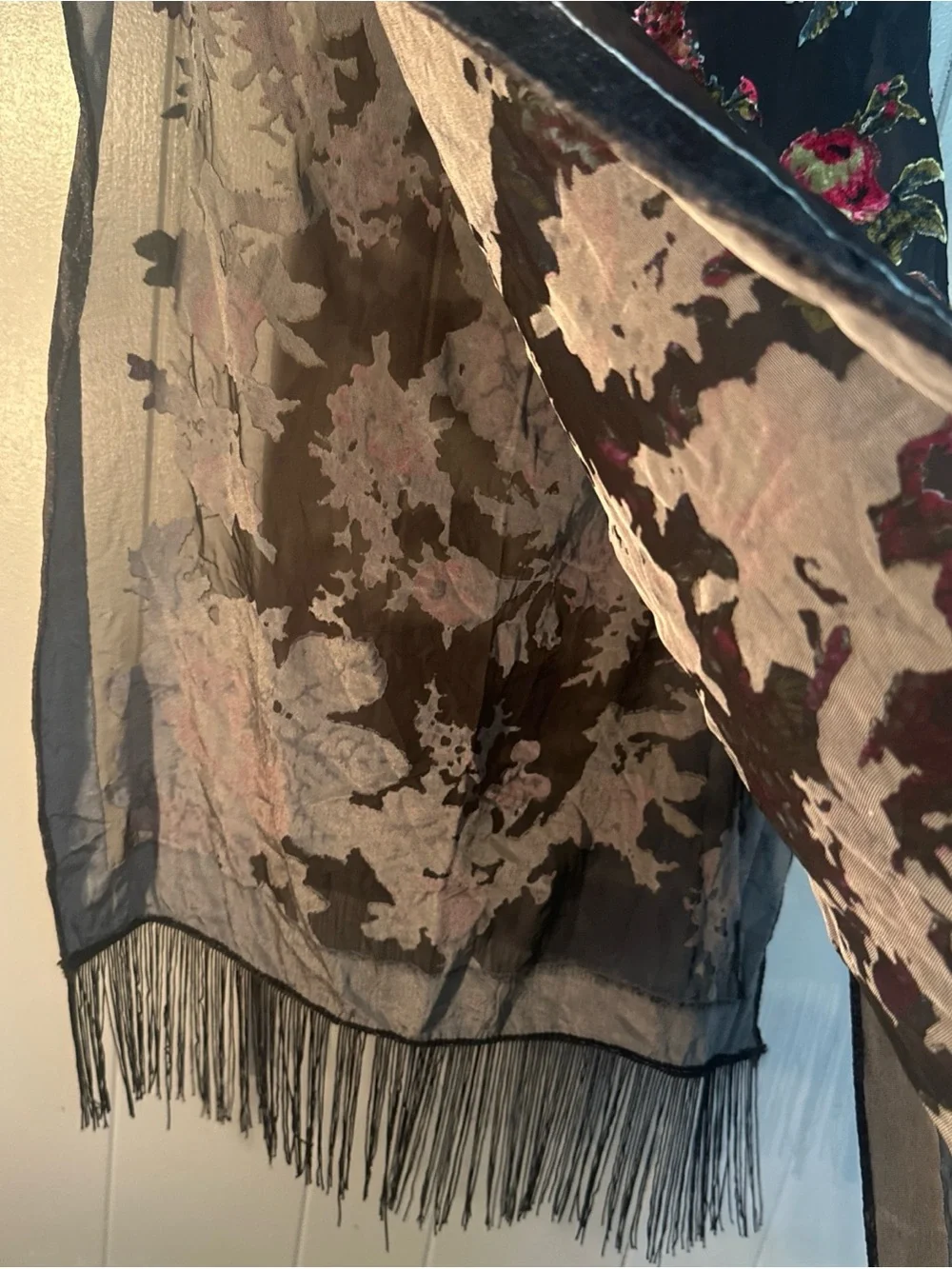 Vintage Black Velvet Burnout Floral Fringe Scarf with Pink and Green Roses